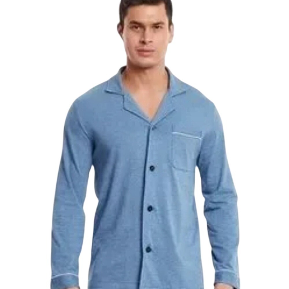 David Archy Mens Blue Cotton‎ Long Sleeve Button Down Pajama Top Sleep Shirt L